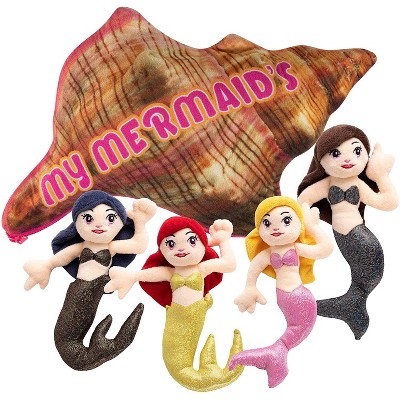 Plush Creations Mermaids Carrier Set, Set of 4 Different Mermaids with Conch Shell Carrier, Ages 0+