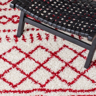 Ivory and Red Geometric Shag Area Rug 9' x 12'