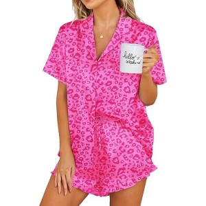Ekouaer Womens Satin Pajamas Set Button Down 2 Piece Silk Pjs Shorts Set Ruffle Lingerie Notch Collar Sleepwear - 1 of 4