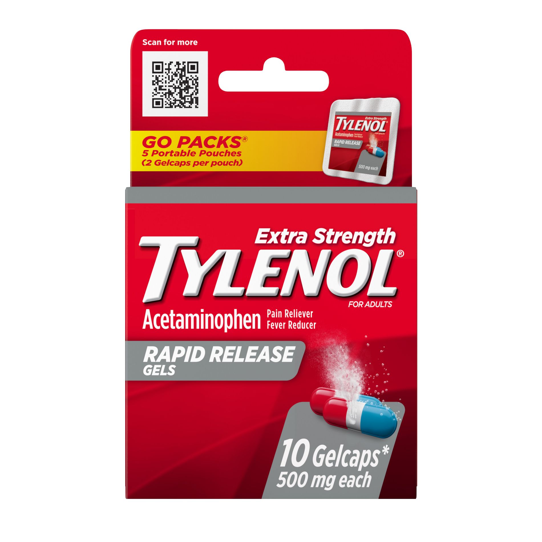 Tylenol Extra Strength Rapid Release Gelcaps - Acetaminophen Go Packs - 2ct/5pk