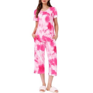 cheibear Women's Pajama Set Tie Dye Short Sleeve Capri Pants Lounge Sets with Pockets - 1 of 4