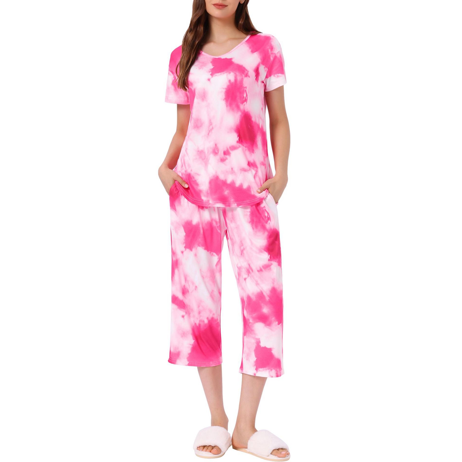 cheibear Women's Pajama Set Tie Dye Short Sleeve Capri Pants Lounge Sets with Pockets Small Rose
