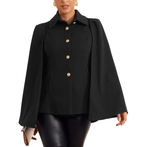Allegra K Women's Turnover Collar Split Sleeve Button Front Casual Workwear Cape Jacket Black X-Small