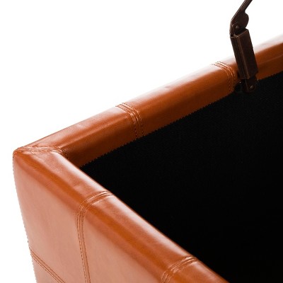 Saddle Brown Leather Tufted Storage Ottoman with Birch Wood