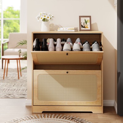 GARPROVM Natural Rattan Shoe Cabinet with 2 Flip Doors & Removable Shelves Entryway Shoe Storage