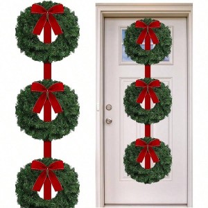 Artificial Wreath 63 inch Three Wreaths with 3 Bow Ribbon Front Door Decoration Wall Hanging Decoration Xmas Party - 1 of 4