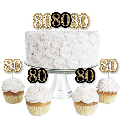 Big Dot of Happiness Adult 80th Birthday - Gold - Dessert Cupcake Toppers - Birthday Party Clear Treat Picks - Set of 24