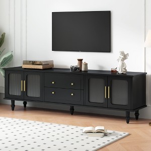 HDZNVF Retro Design TV Stand with Fluted Glass Doors for TVs Up to 78 inch, Black - 1 of 4