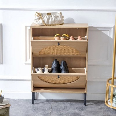 TIRAMISUBEST Rattan Shoe Cabinet with Flip Drawers & Metal Legs