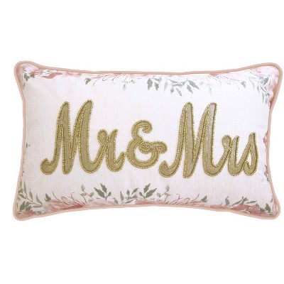 12"x20" Celebrations Floral Beaded "Mr & Mrs" Lumbar Pillow Oyster/Pink - Edie@Home