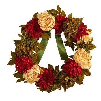 Nearly Natural 24” Peony, Dahlia and Hydrangea Artificial Wreath