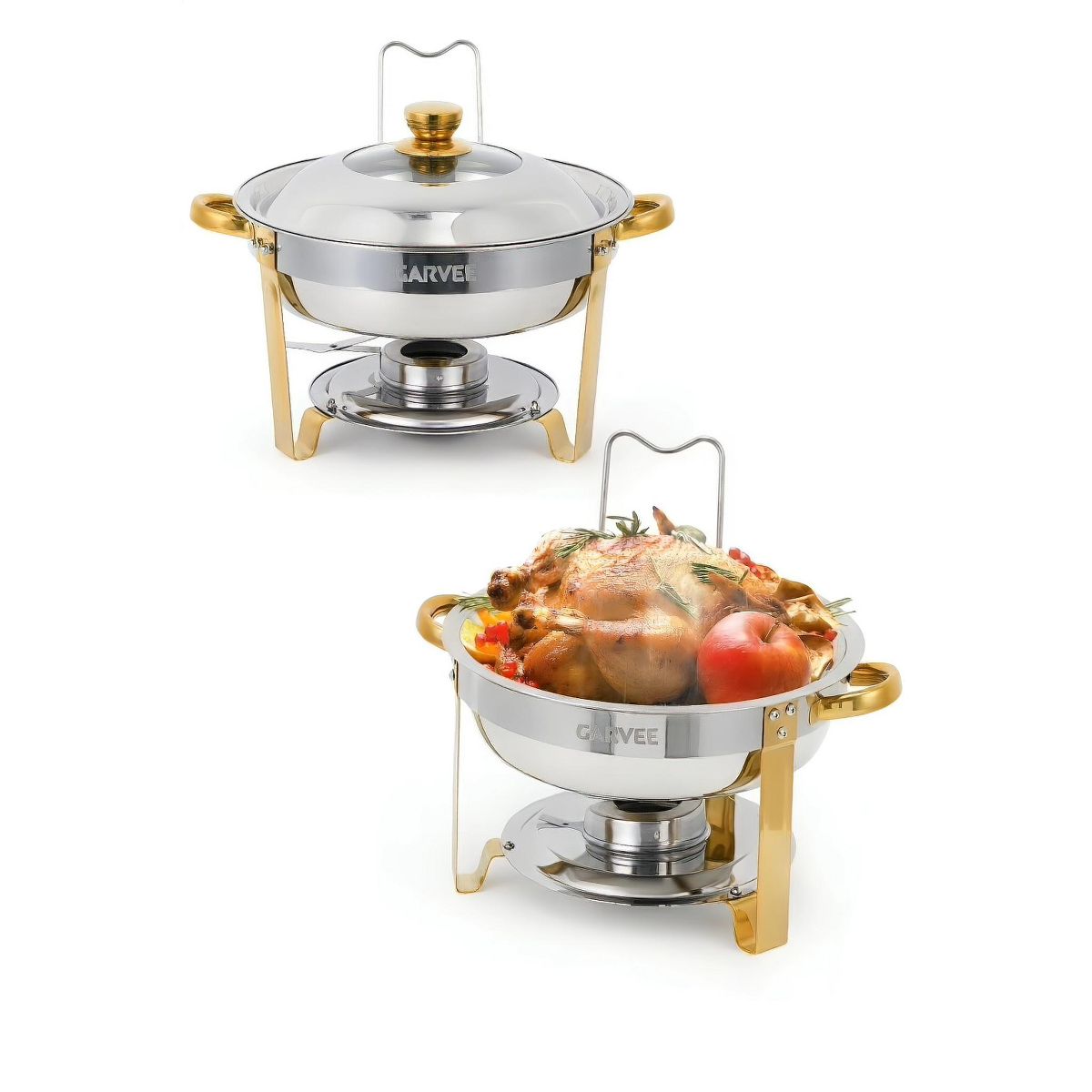 Garvee 2 Pack Round Chafing Dishes for Buffet, Stainless Steel Chafer Set, Clear Lid, Stand & Lid Hook, Half Gold Plated, Food Warmers for Catering