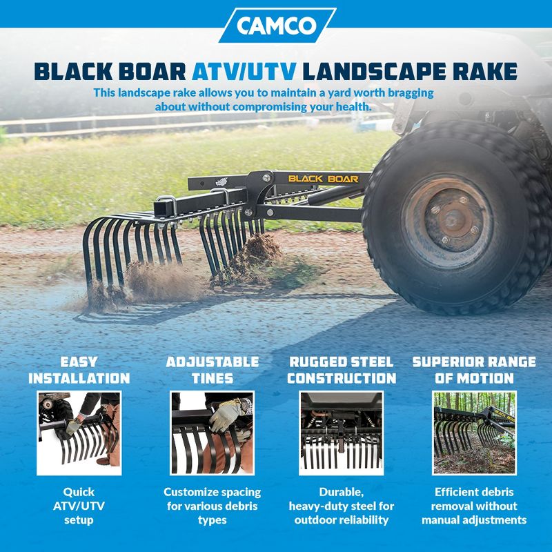 Camco Black Boar ATV/UTV Custom Outside Vehicle Heavy-Duty Adjustable Landscape Rake Accessory Attachment Tool, 2 of 7