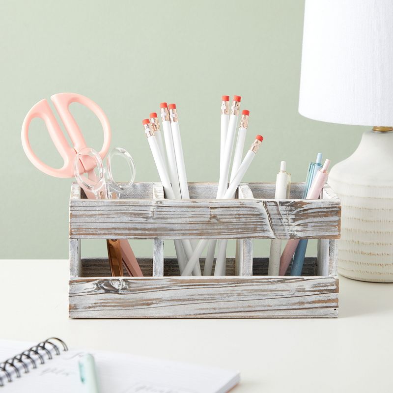 Juvale Rustic-Style Desk Pencil Holder with 3 Compartments - Farmhouse Decor and Wooden Organizer for Office Accessories, 3 of 9