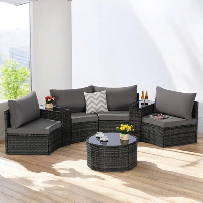 Mshliw 7-Piece Half-Moon Sectional Patio Furniture Set with Round Glass Coffee Table – Weather-Resistant Outdoor Sofa Set with Cushions-Dark Gray