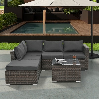 SKRAN Set of 4 Patio Conversation PE Rattan Wicker Sofa with Coffee Table and Ottoman,Sectional Couch WITH/Cushions for Poolside,Backyard,Garden