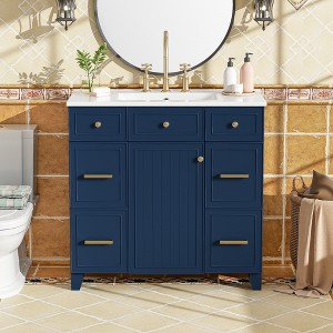 Gulches 36 inch Blue Bathroom Vanity with Sink Top Combo Single Sink Shaker Cabinet Soft Closing Door 3 Drawers - 1 of 4
