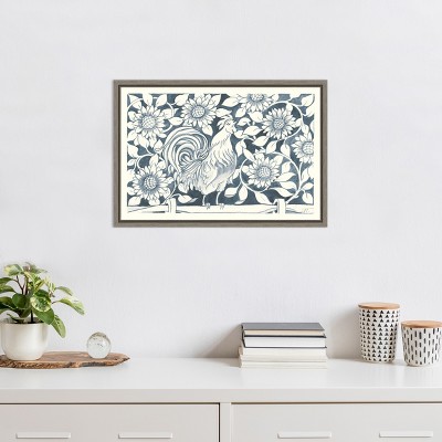 Rustic Farmhouse Blue and White Canvas Rooster Print with Gray Frame