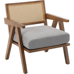 Mid-Century Farmhouse Accent Chair - Wood Armchair with Rattan Backrest & Removable Linen Cushion for Living Room, Bedroom - 1 of 4