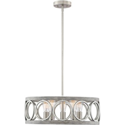 Brushed Nickel and Gray Wood Drum Pendant Chandelier