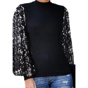 Anna-Kaci Women's Sequin Puffed Long Sleeve Mock Neck Pullover - 1 of 4