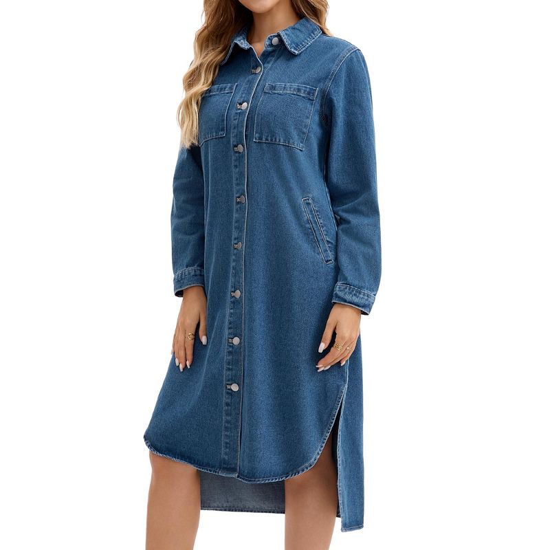 INSPIRE CHIC Women's Denim Button Down Curved Hem Fall Long Sleeve Midi Jean Shirt Dress Blue Small