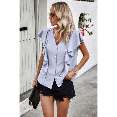 I AM A FASHION JUNKY Solid Button Ruffle V Neck Fit Blouse