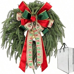 24 Inch Norfolk Pine Wreath Real Winter Holiday Green Front Door Outdoor Weatherproof Decoration with Large Merry Bow - 1 of 4