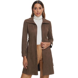 INSPIRE CHIC Women's Faux Suede Belted Long Zipper Jacket - 1 of 4