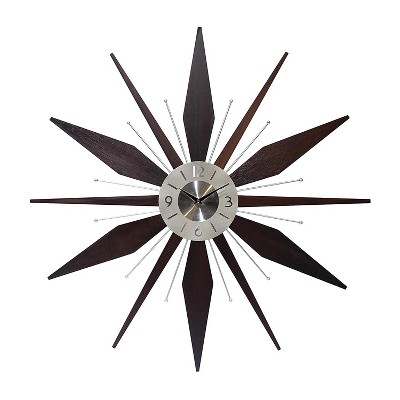 Infinity Instruments Sunburst Lightweight Mid-Century Utopia Metal Wall Clock, Dark Walnut