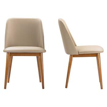 Lavin Mid-Century Faux Leather Dining Chairs - Brown Walnut/Beige (Set Of 2) - Baxton Studio: Upholstered, Wood Legs, Armless