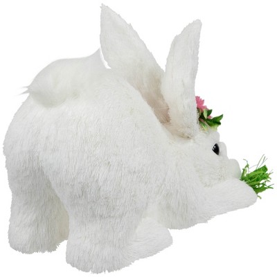 White Plastic Easter Bunny Figurine with Floral Crown and Carrot