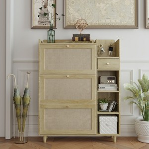 Lirago Natural 36.6" Bohemian Shoe Cabinet-3 Rattan Drawers and 3 Shelves for 18 Pairs Shoes - 1 of 4