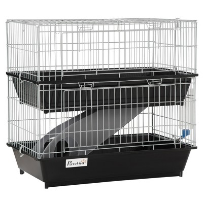 PawHut 2-Tier Small Animal Cage Enclosure, Play House for Bunny, Ferret, Chinchilla with 2 Doors, Platform, Ramp, Dish and Bottle