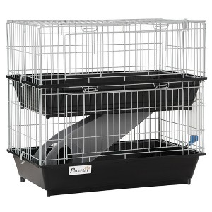 PawHut 2-Tier Small Animal Cage Enclosure, Play House for Bunny, Ferret, Chinchilla with 2 Doors, Platform, Ramp, Dish and Bottle - 1 of 4