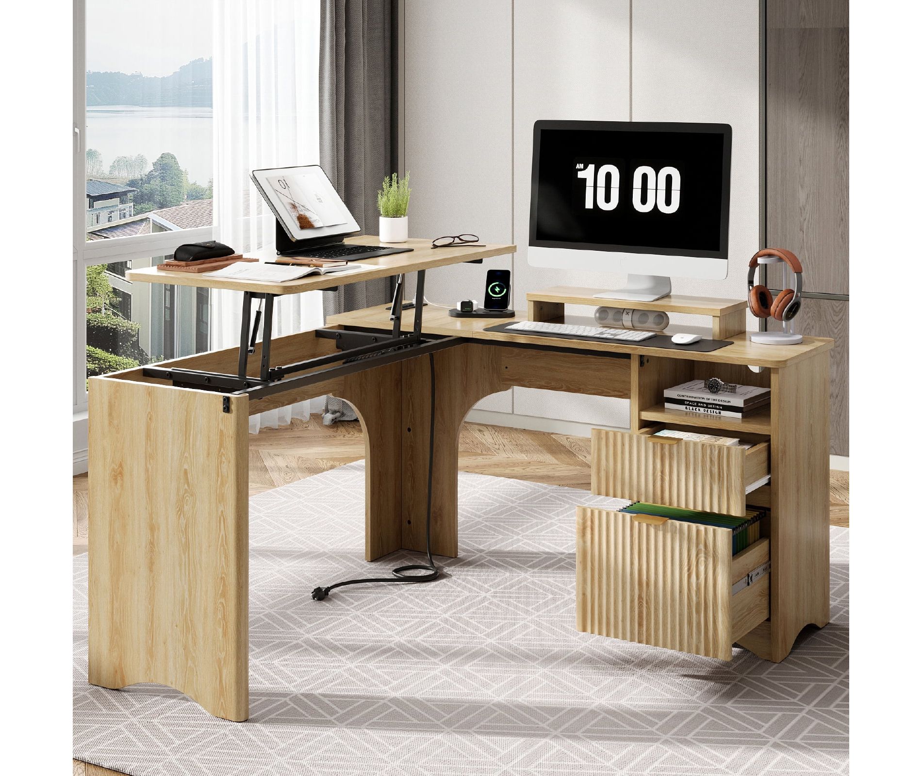 Bestier 55'' Lift Top L Shaped Desk with Power Outlet, Fluted Computer Desk with File Drawer and shelf