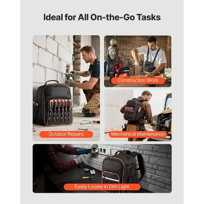 VEVOR Tool Backpack, 49 Pockets, Heavy-duty Tools Storage Organizer Work Bags with Laptop Compartment & Reinforced Fabric Base, Black+Orange — фото 7