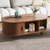 Vynxaria 42.5"W Wooden Oval Fluted Coffee Table with Charging Station, Mid-Century Center Table for Living Room, BROWN - 2 of 4