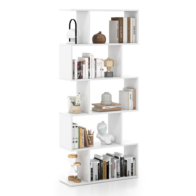 Costway 5-Tier Bookshelf Geometric S-Shaped Bookcase Room Divider Storage Display Shelf, 1 of 10