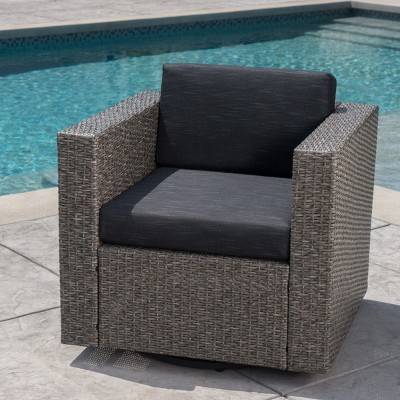 Outdoor Swivel Club Chair with Removable Cushions, Durable Wicker & Iron Frame, Modern Patio Lounge Seating, Weather-Resistant-Coolbibila
