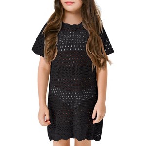 Girls Crochet Short Sleeve Swimsuits Solid Swim Kids Swimwear Beachwear Cover Up Tops - 1 of 4
