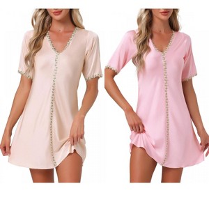 INSPIRE CHIC Women's 2 Pcs Floral Satin Sleep Dress A-Line Soft V-Neck Short-Sleeve Loungewear - 1 of 4