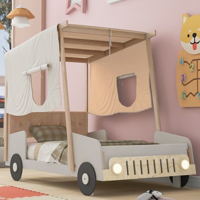 Wooden Car Bed with Pillows, Ceiling Cloth and LED, Natural - ModernLuxe