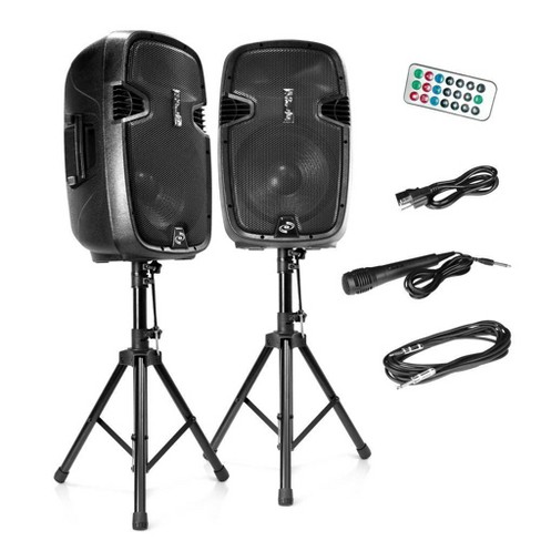 Pyle 12 Inch Active Passive Portable Bluetooth Wireless PA Dual Loudspeaker  Sound System Kit with Wired Microphones, Speaker Stand, and Remote Control