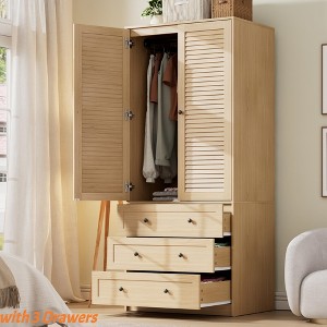 Large Wardrobe Closet w/ Drawers, 69.5" Wooden Wardrobe Cabinet w/ Hanging Rod, 2 Doors Clothing Storage Cabinet for Bedroom Anti-Tipping - 1 of 4