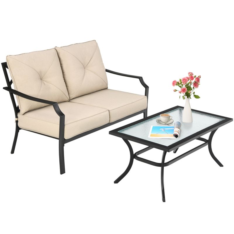 Tangkula 2PCS Patio Loveseat & Coffee Table Set Outdoor Cushioned Sofa for Garden Backyard, 5 of 7