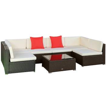Outsunny 7 Piece Outdoor Patio Furniture Set, PE Rattan Wicker Sectional Sofa Set with Couch Cushions, Pillows, Coffee Table, Orange, Cream