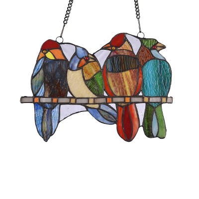 Colorful Stained Glass Bird Design Window Panel 13" x 9"