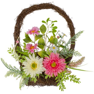 Northlight Chrysanthemum and Daisy Twig Basket Wreath Spring Decor, Pink and Yellow 17"