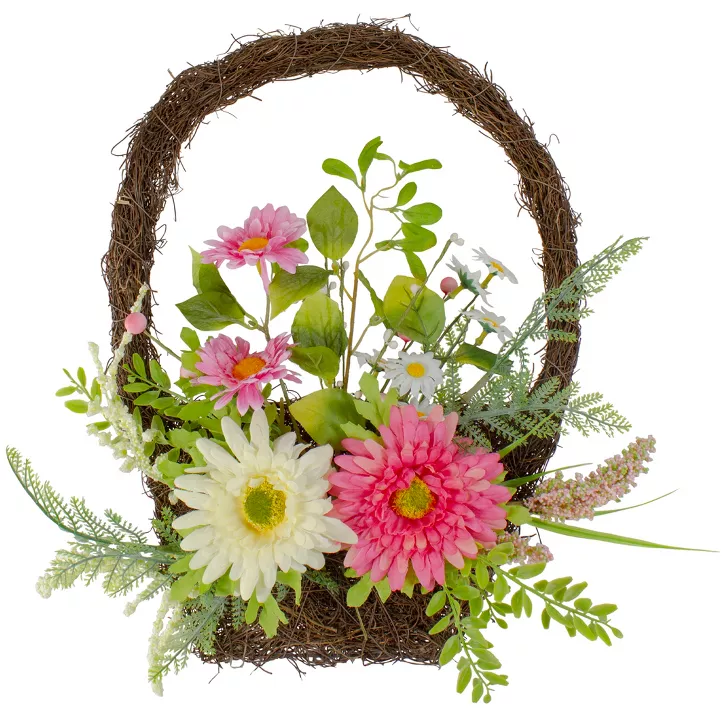 Northlight Chrysanthemum and Daisy Twig Basket Wreath Spring Decor, Pink and Yellow 17" - spring home decor ideas